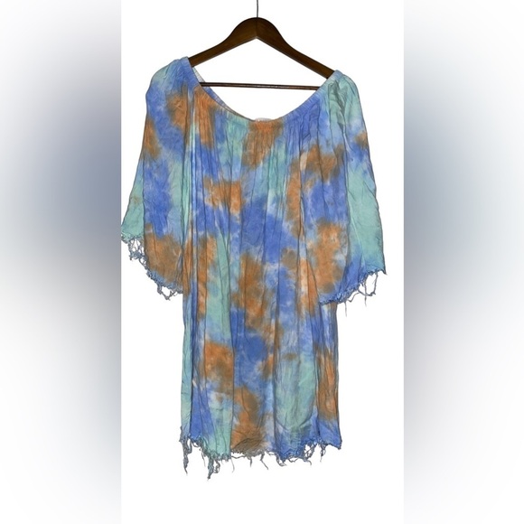 Audrey 3+1 Women Tie Dye Frayed‎ Hemline Mini Dress Off Shoulder Boho Hippie M - Picture 2 of 6